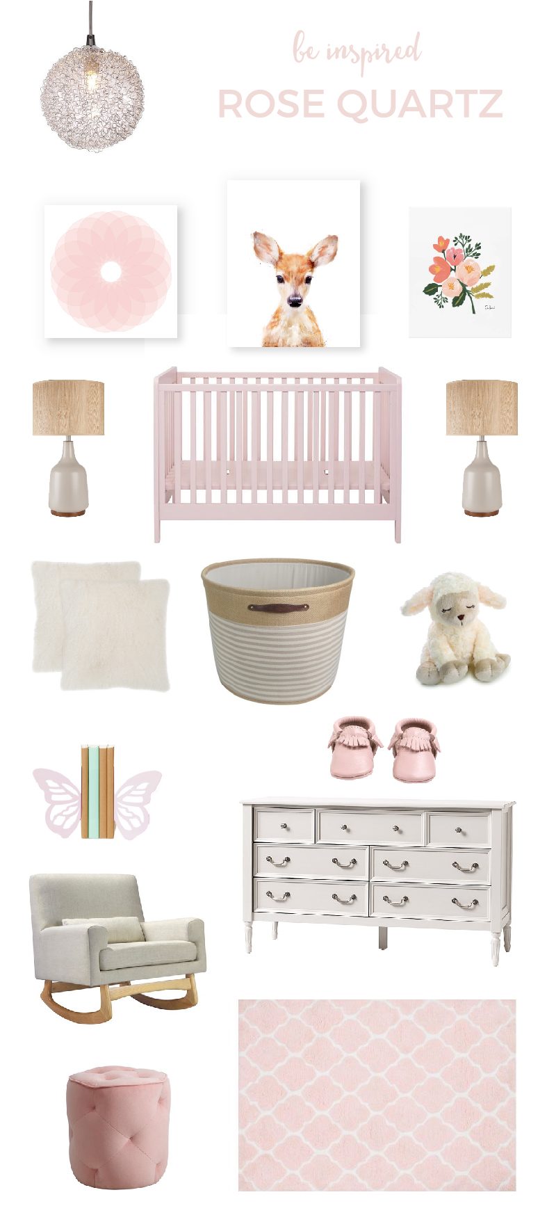 Rose Quartz Nursery | Have your little girl be right on trend with Pantone's 2016 color of the year, Rose Quartz. It's feminine, calming and beautiful! Click through for all the sources. 