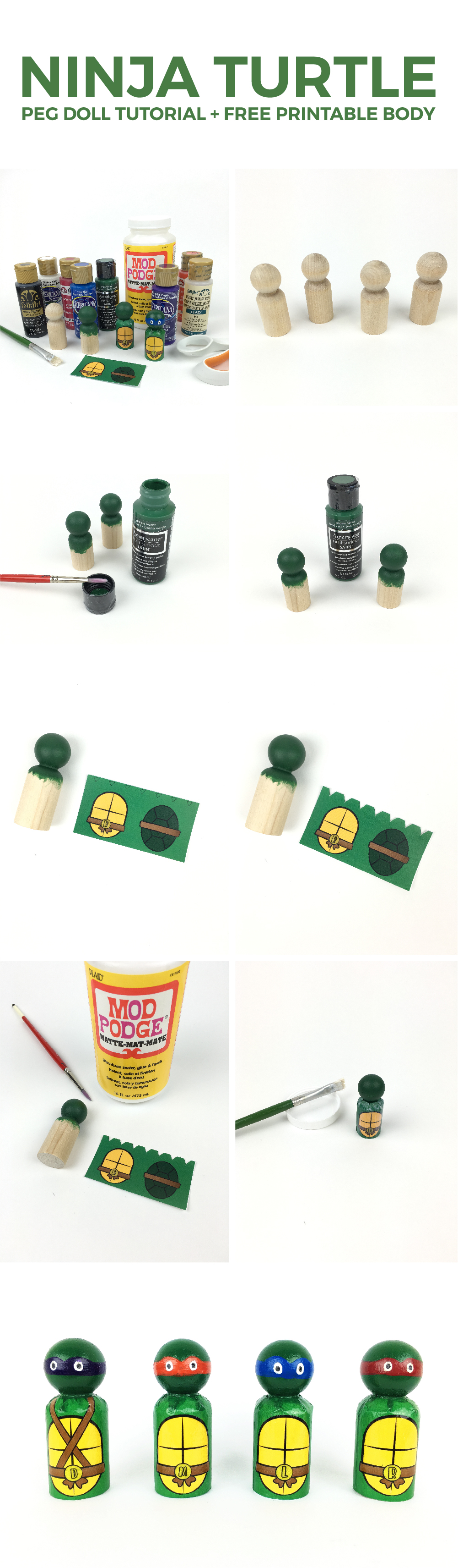Ninja Turtle Peg Doll Tutorial | Have you always wanted to make a peg doll for you kiddo, but you thought it would be too hard? Then this tutorial is for you! All you have to do is paint the head because the body is a FREE printable. Click through for all the details. 