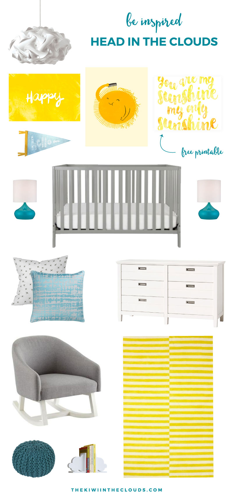 Cloud Themed Nursery | Your little one will love this bright and cheery gender neutral nursery. Click through for all the sources plus a FREE art print download pictured above!