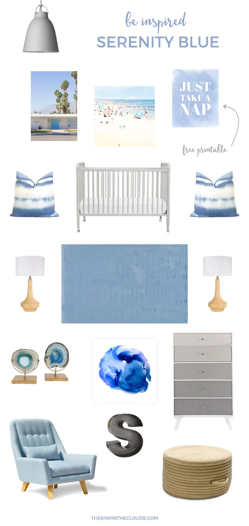 Pantone Nursery | You've seen the Rose Quartz nursery board, now make room for the Serenity blue nursery board. Be right on trend with this cool and calming blue nursery. And download your FREE corresponding printable wall art!