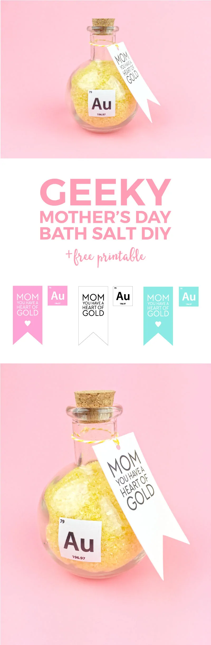 Come treat your mom to these luxurious gold flecked and lemon scented bath salts for Mothers Day. They're perfect for any tired mom and complete with free printable tags and stickers!!