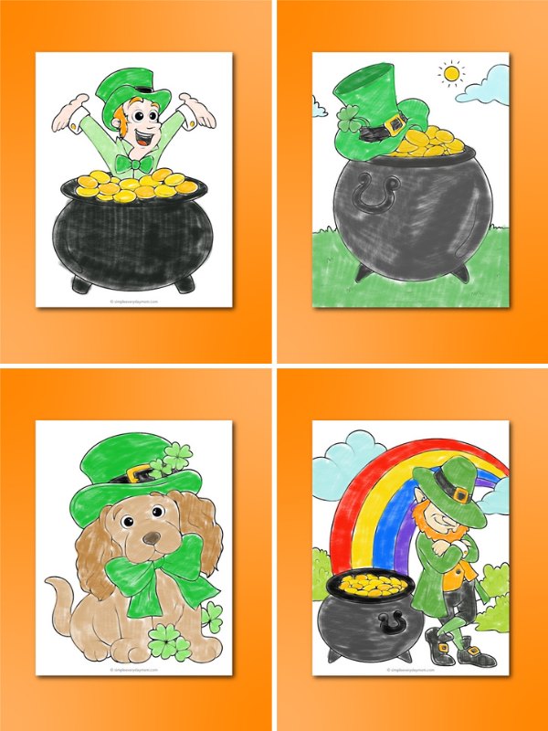 4 image collage of leprechaun coloring pages