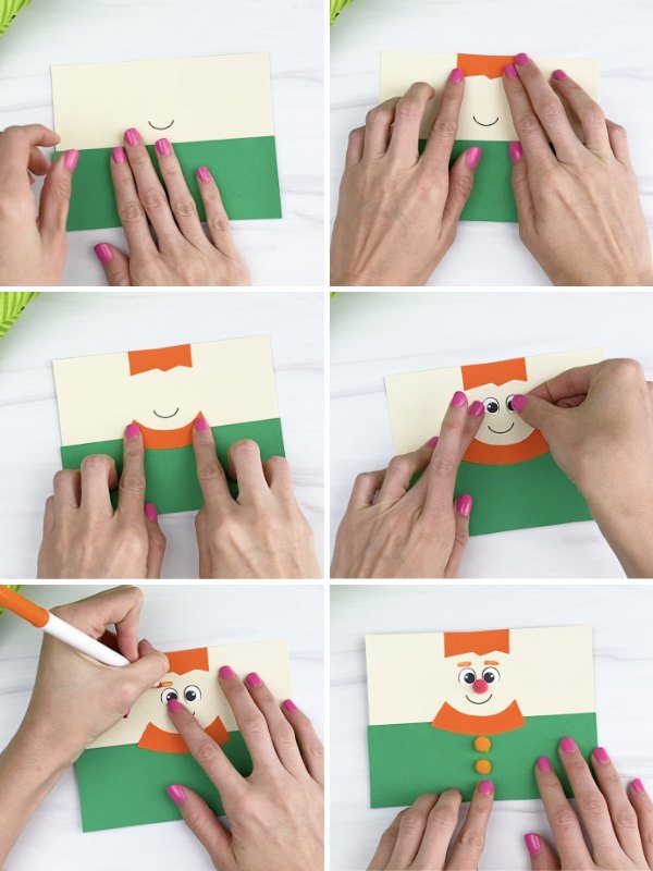in process photo collage of creating a leprechaun toilet paper roll craft