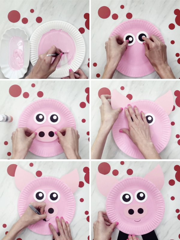 collage of in process photos of a paper plate pig craft