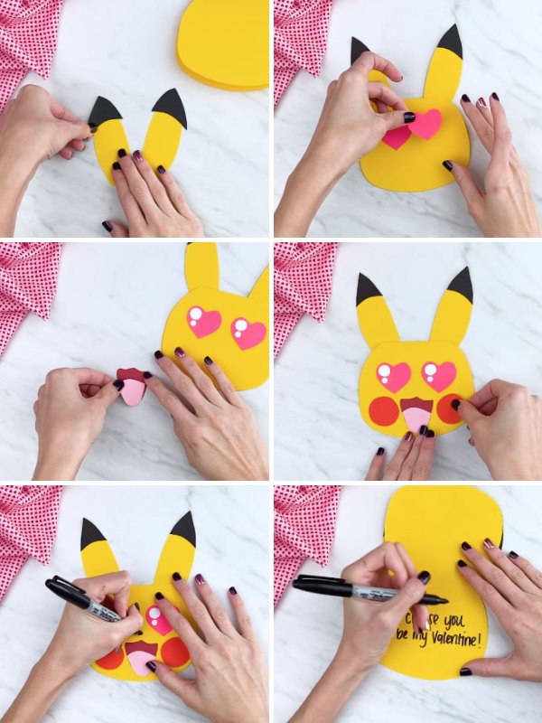 in process photo collage of creating a Pikachu card craft for Valentine's Day