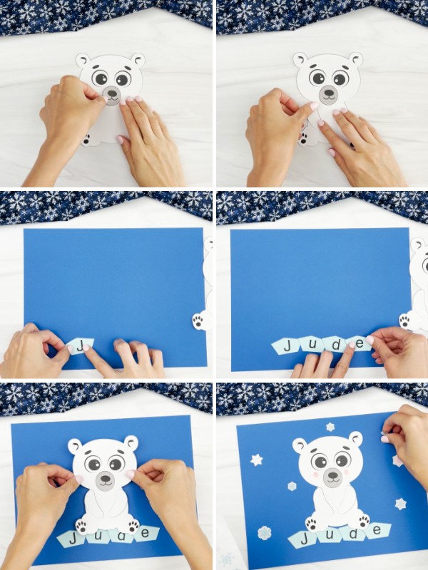 in process photo collage of creating a polar bear name craft