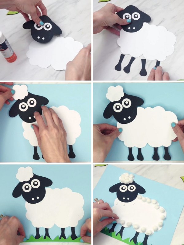 in process photo collage of creating a sheep craft