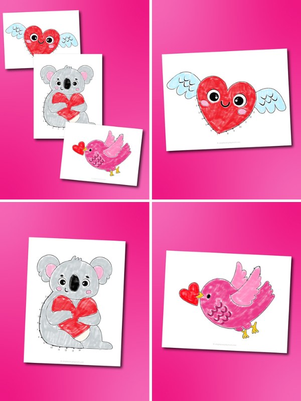 4 image collage of Valentine connect the dots