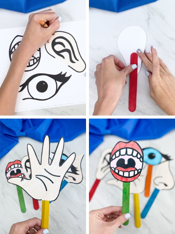 4 image collage of 5 senses printable puppets