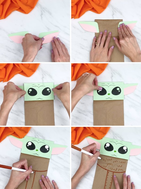 in process photo collage of creating a Yoda paper bag puppet craft