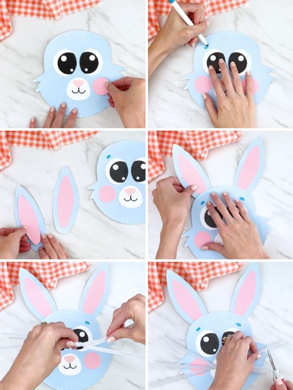 in process photo collage of creating a paper plate bunny craft