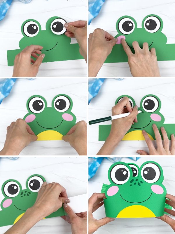 in process photo collage of creating a frog headband craft