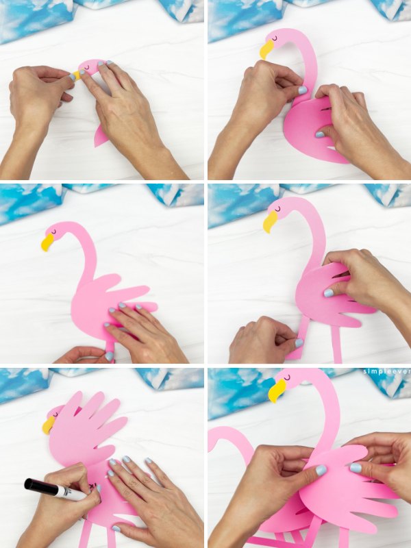 in process photo collage of creating a flamingo handprint craft