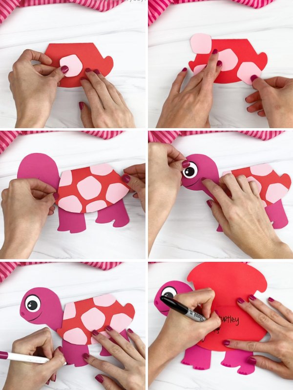 in process photo collage of creating a turtle Valentine craft
