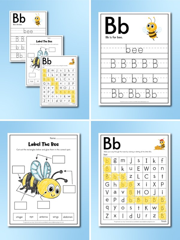 4 image collage of bee worksheets