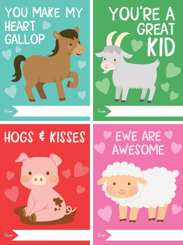 4 image collage of printable farm Valentine cards