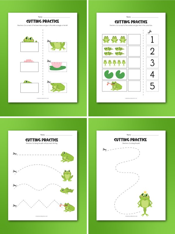 4 image collage of frog cutting worksheets
