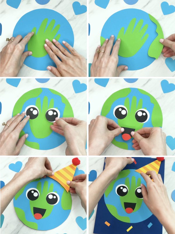in process photo collage of creating a Earth hand print craft