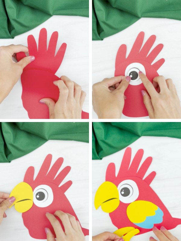 in process photo collage of creating a handprint parrot craft