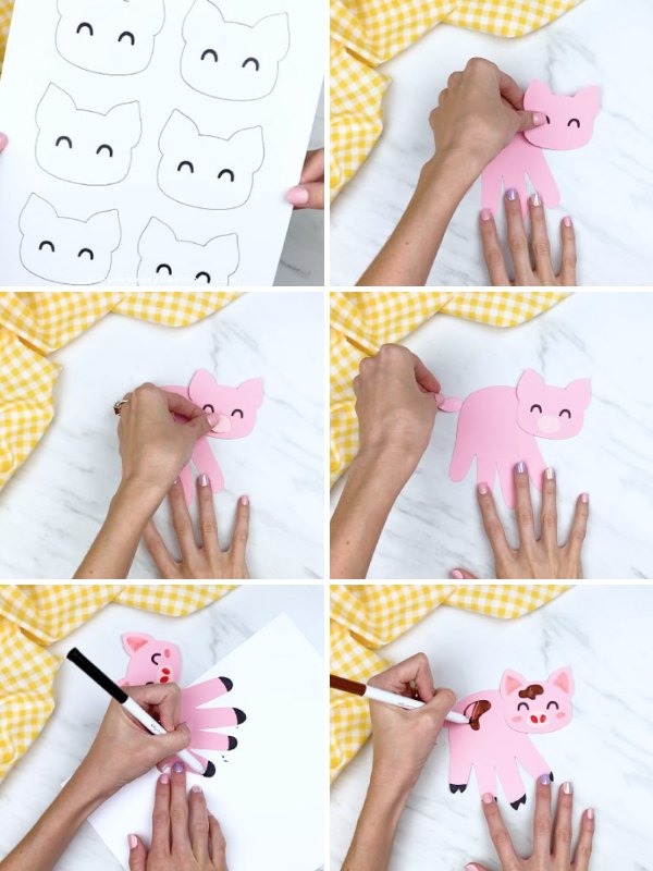 in process photo collage of creating a pig handprint craft