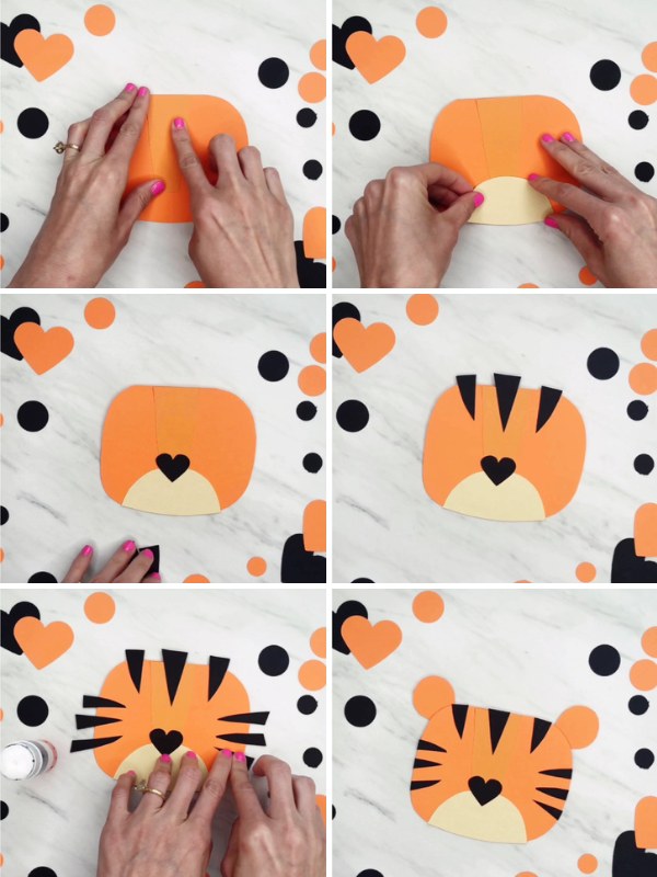 in process photo collage of creating a tiger Valentine card craft
