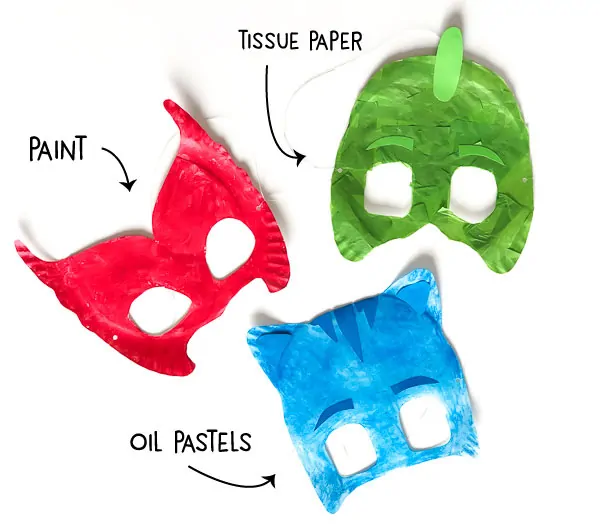 Owlette, Gekko and Catboy paper plate masks