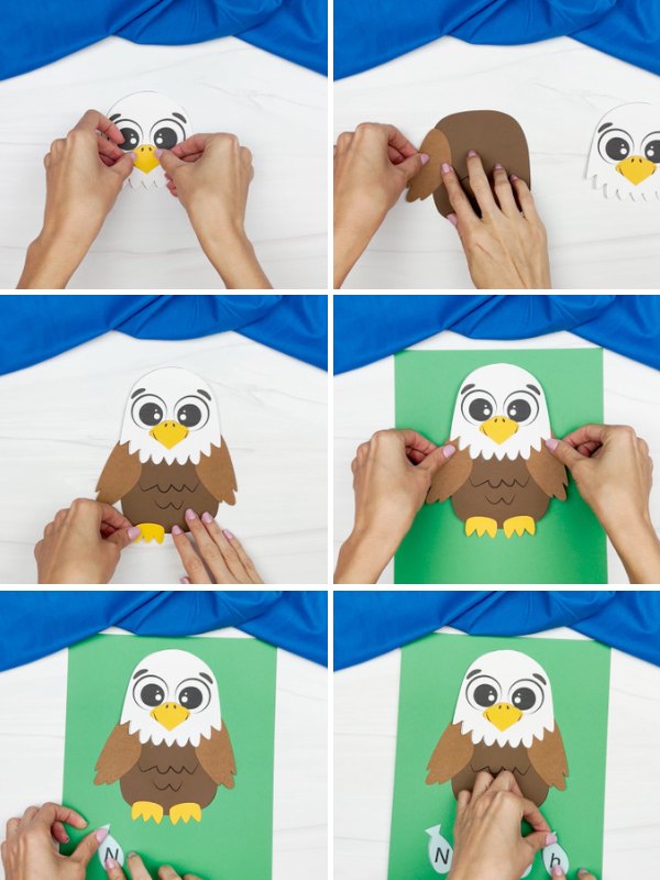 in process photo collage of creating an eagle name craft
