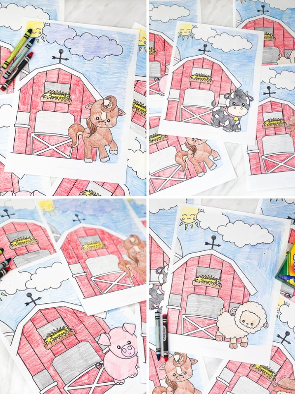 4 image collage of farm coloring pages for kids