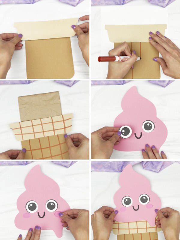 in process photo collage of creating a ice cream puppet craft