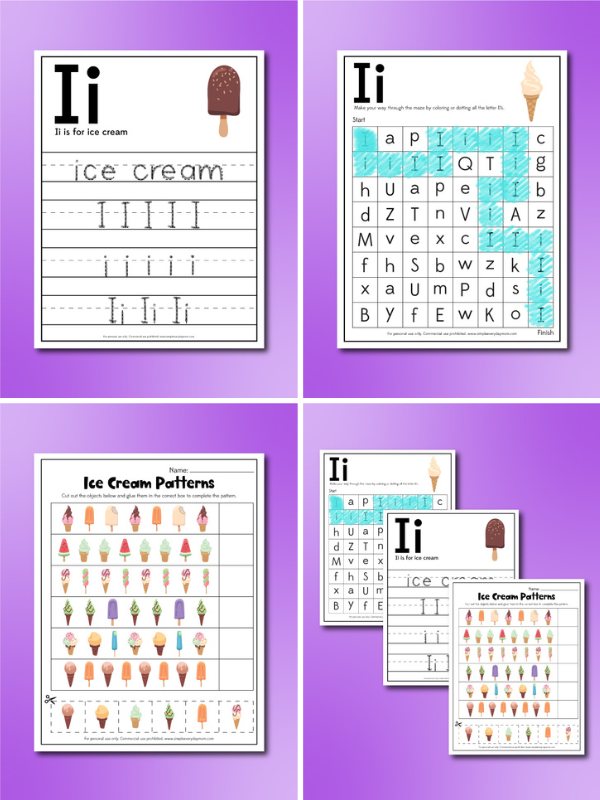 4 image collage of ice cream worksheets for kids