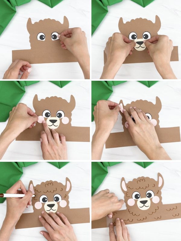 in process photo collage of creating a llama headband craft