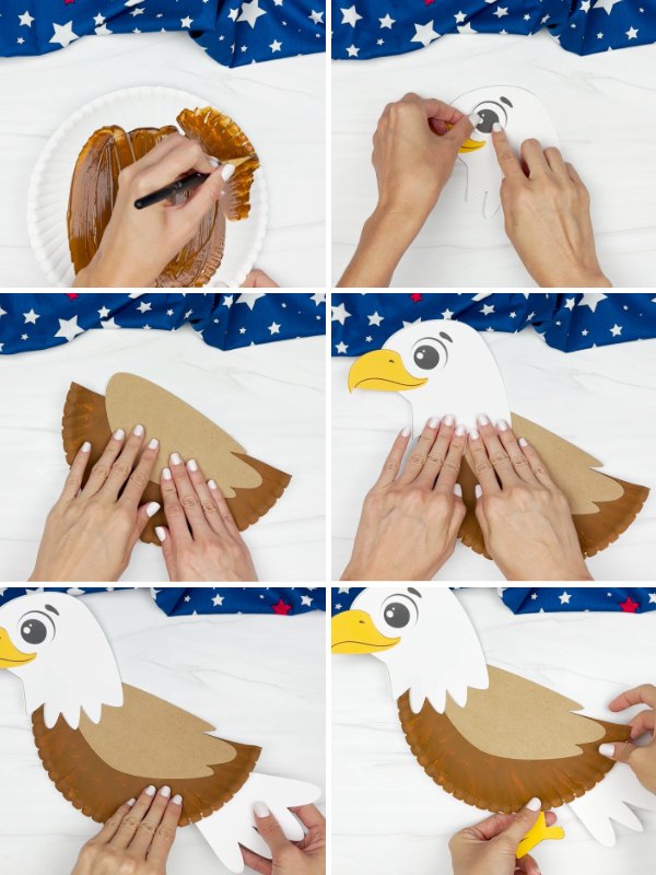 in process photo collage of creating an eagle paper plate craft