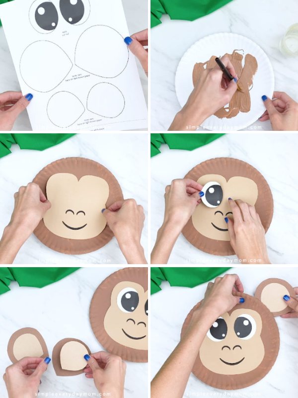 in process photo collage of creating a paper plate monkey craft