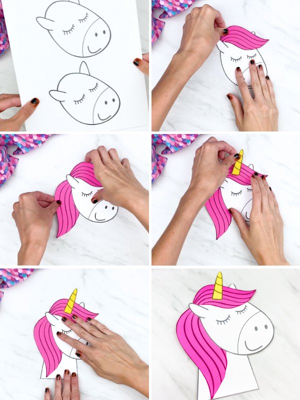 in process photo collage of creating a paper unicorn craft