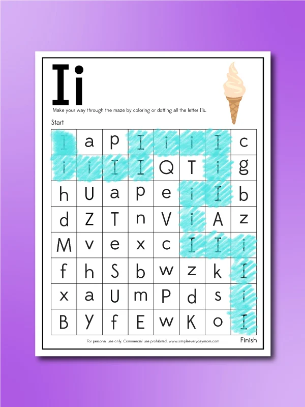I is for ice cream letter maze worksheet