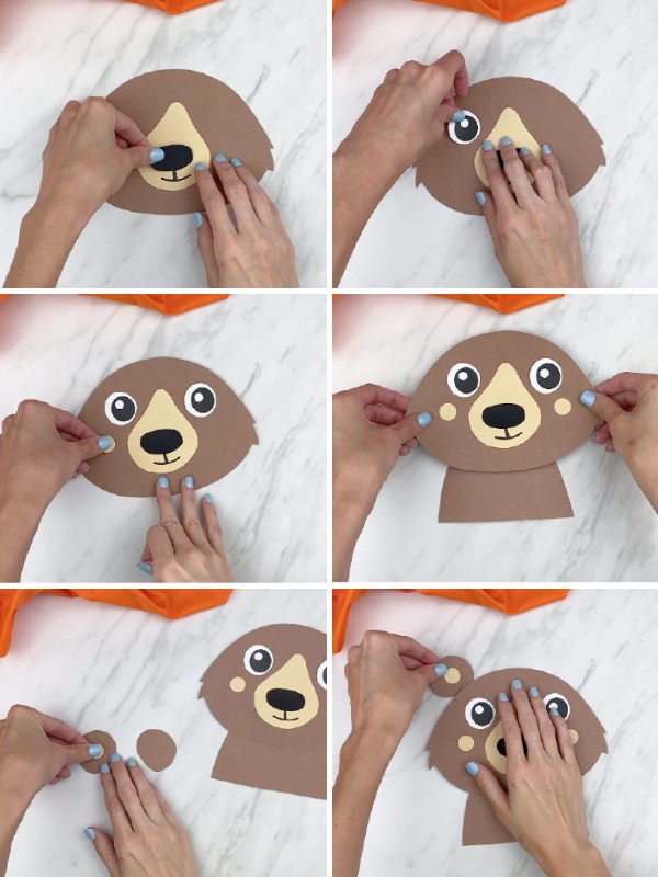 in process photo collage of creating a bear paper craft