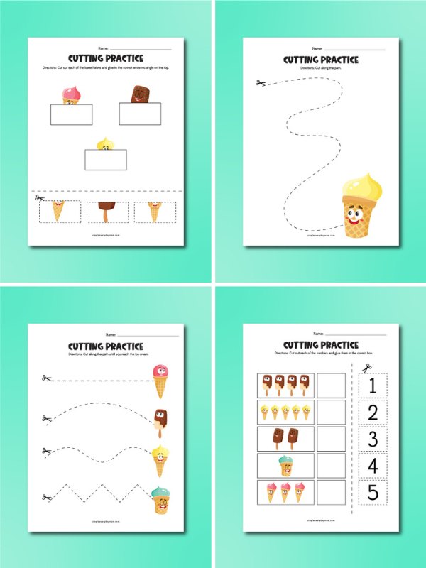 4 image collage of ice cream scissor practice worksheets