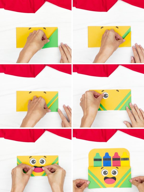 in process photo collage of creating a crayon box craft