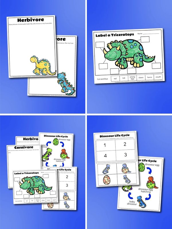 4 image collage of dinosaur preschool worksheets