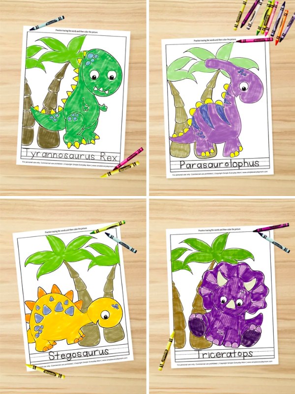 4 image collage of dinosaur coloring pages
