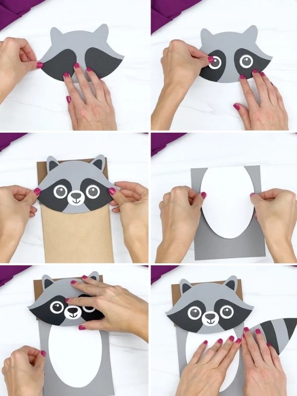 in process image collage of creating a raccoon paper bag