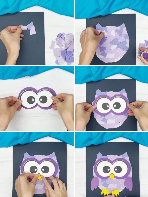 in process image collage of making a Torn Paper Owl Craft