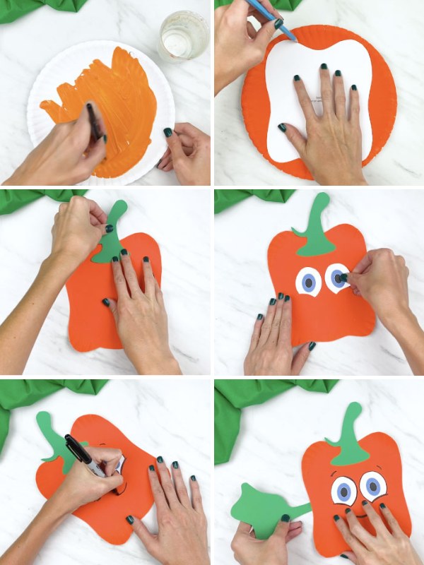 in process image collage of creating a Spookley pumpkin paper plate craft