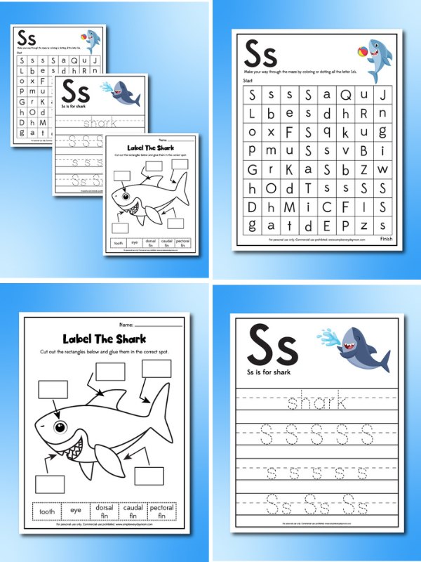 4 image collage of shark worksheets