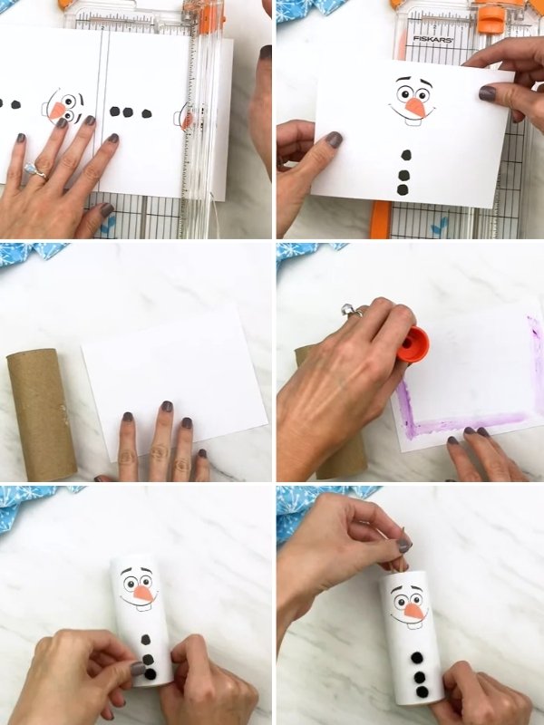 in process photo collage of creating a Toilet Paper Roll Olaf