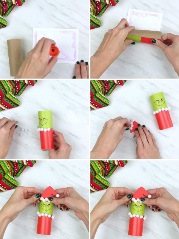 in process photo collage of creating a Grinch toilet paper roll craft