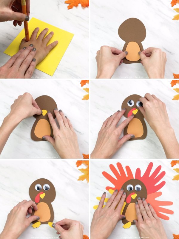 collage of in process photos of a handprint turkey craft