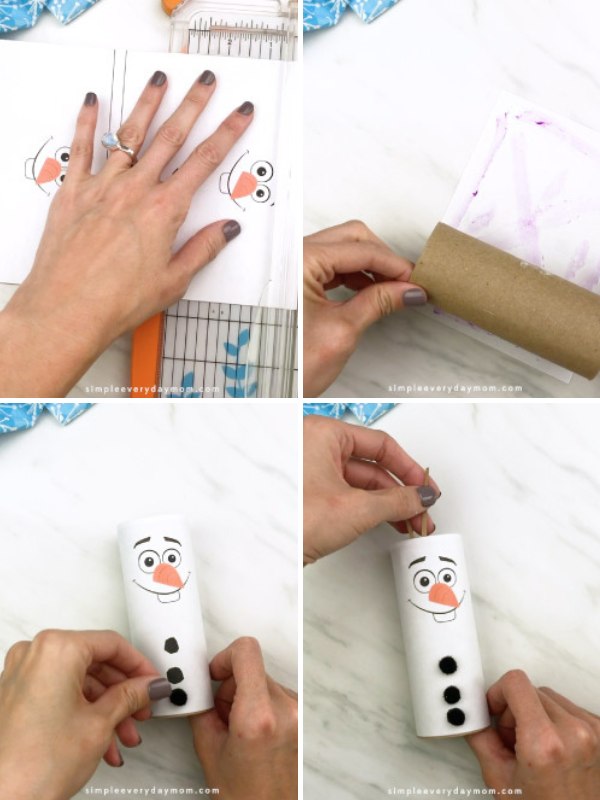 in process photo collage of creating an Olaf toilet paper roll craft