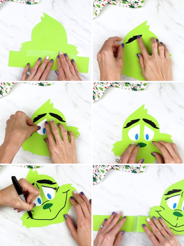 in process photo collage of creating a Grinch headband craft