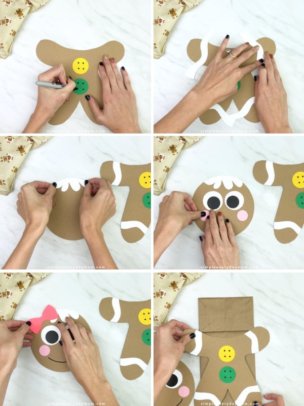 in process photo collage of creating a gingerbread puppet craft